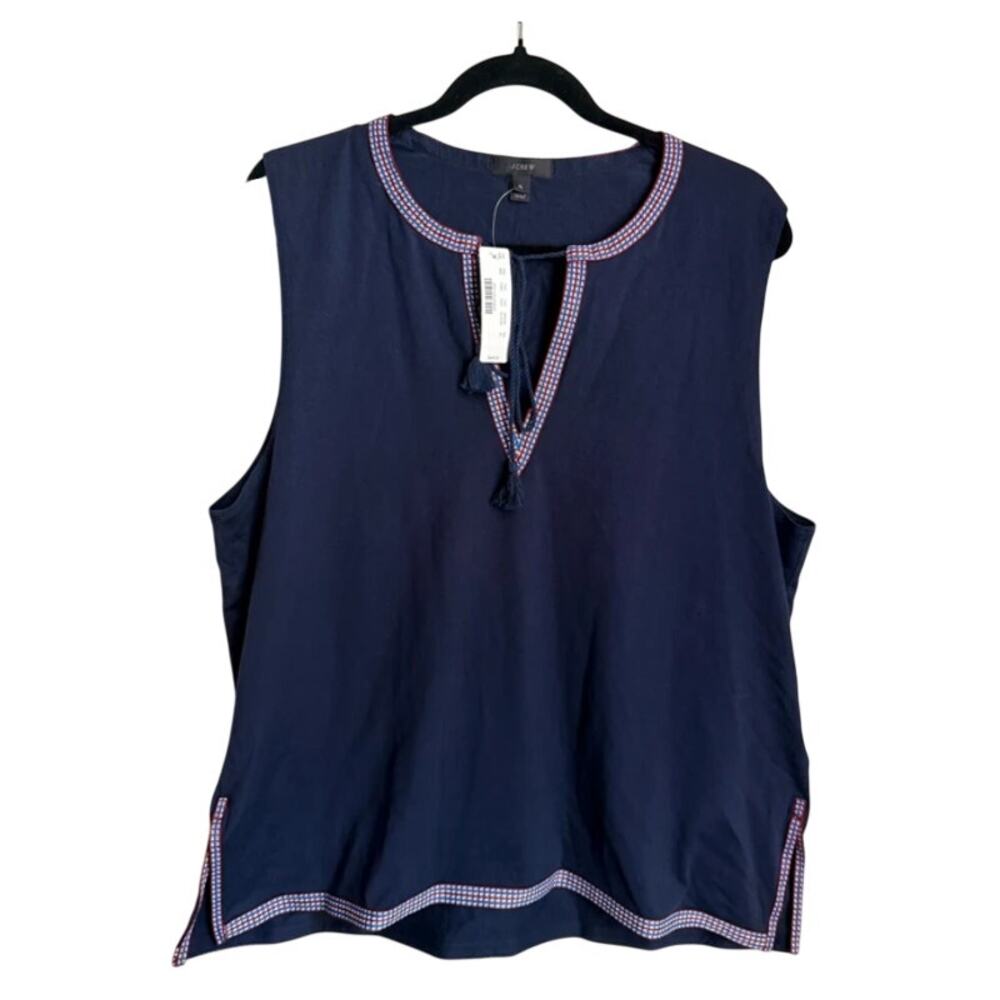 J.Crew Split Neck Sleeveless Top with Embroidered Trim 100% Cotton Navy Blue XL